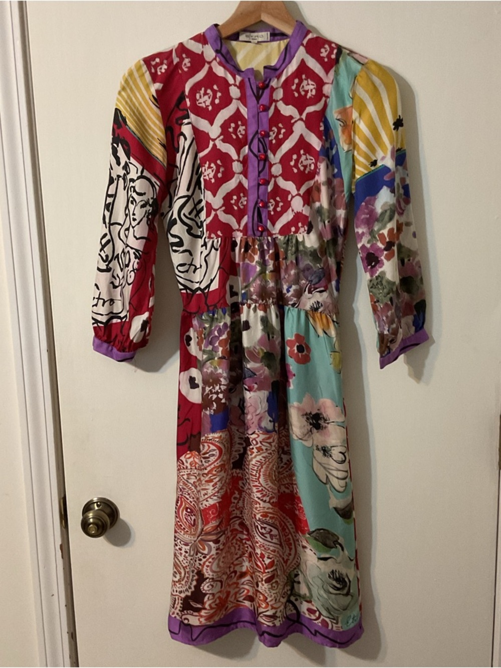 Etro 100% Silk Italian Luxury Patchwork Art to Wear Multi Color Shift Dress XS